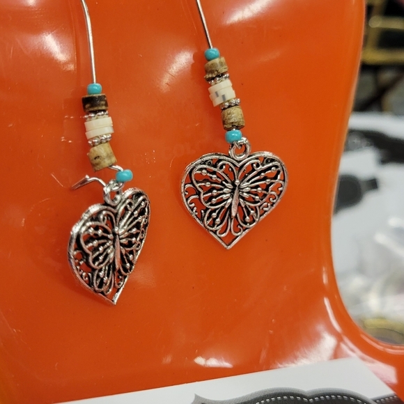 Silver Tone Earrings Butterflies in Heart w beads - Picture 3 of 3
